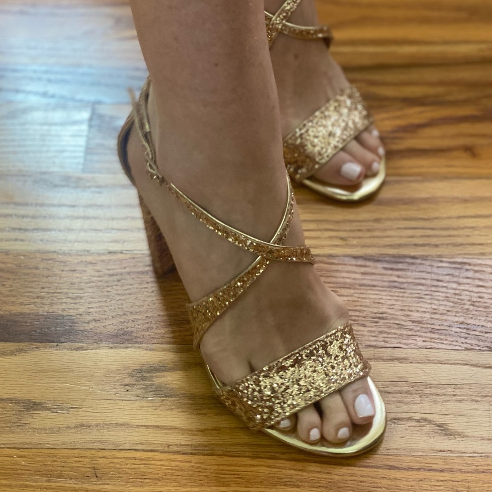 Jewel Badgley Mischka Cook Gold Metallic Glitter Shoes Block Heels, Size 8